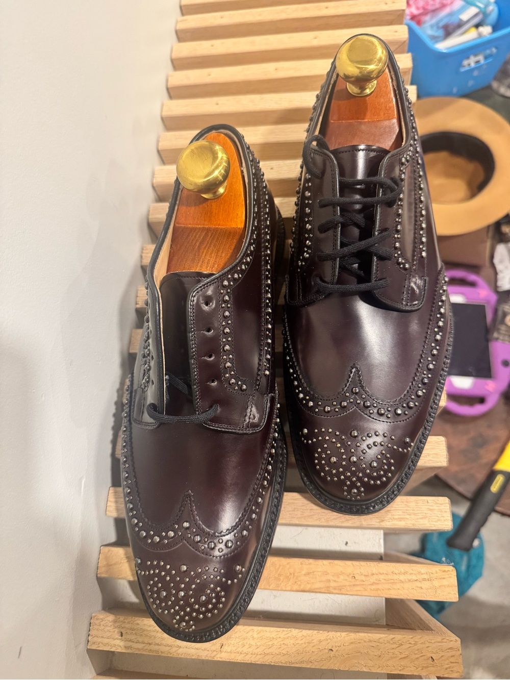 Church's Men's Studded Wingtip Oxfords in Dark Burgundy - Picture 3 of 7